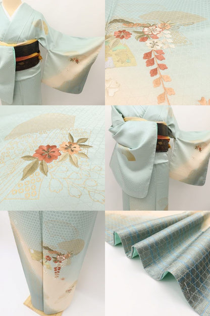 百華Y5619 新品 仕付け糸付 トールサイズ 扇 刺繍 着物 正絹 手縫い仕立て 訪問着
