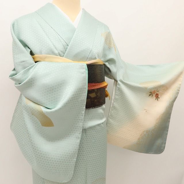 百華Y5619 新品 仕付け糸付 トールサイズ 扇 刺繍 着物 正絹 手縫い仕立て 訪問着