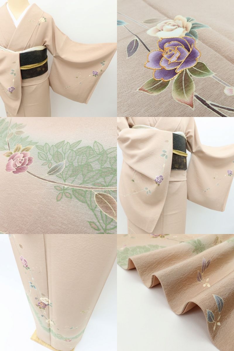 百華Y5620 美品 作家物落款 薔薇 金駒刺繍 着物 正絹 手縫い仕立て 訪問着