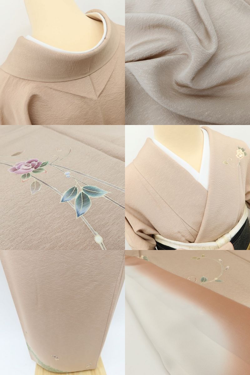 百華Y5620 美品 作家物落款 薔薇 金駒刺繍 着物 正絹 手縫い仕立て 訪問着