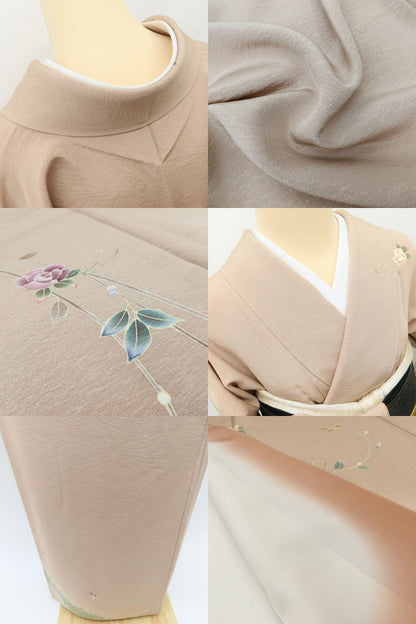 百華Y5620 美品 作家物落款 薔薇 金駒刺繍 着物 正絹 手縫い仕立て 訪問着