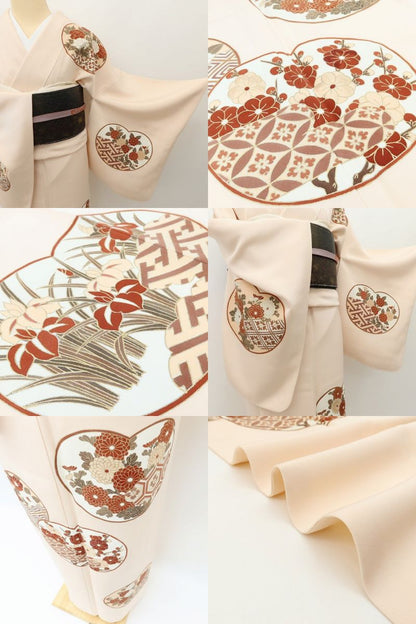 百華 Y5623 着物 菊 梅 椿 団扇 正絹 手縫い仕立て 訪問着