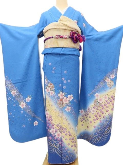 百華 Y5625 美品 桜 毬 流水 金駒刺繍 着物 正絹 成人式 振袖