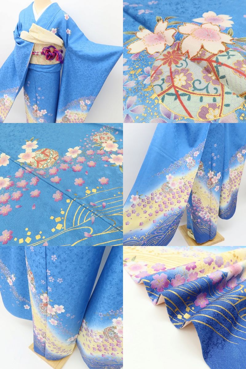 百華 Y5625 美品 桜 毬 流水 金駒刺繍 着物 正絹 成人式 振袖