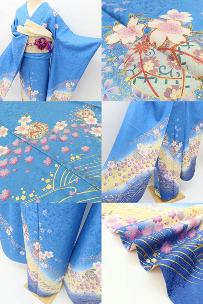 百華 Y5625 美品 桜 毬 流水 金駒刺繍 着物 正絹 成人式 振袖