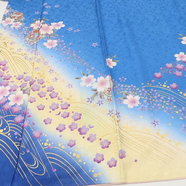 百華 Y5625 美品 桜 毬 流水 金駒刺繍 着物 正絹 成人式 振袖