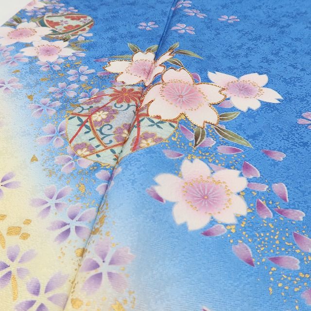 百華 Y5625 美品 桜 毬 流水 金駒刺繍 着物 正絹 成人式 振袖