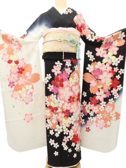 百華 Y5626 美品 銀通し 桜 着物 正絹 手縫い仕立て 成人式 振袖