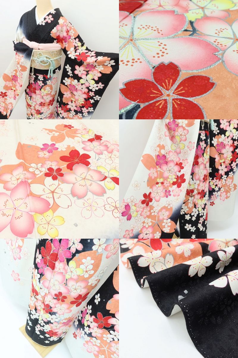 百華 Y5626 美品 銀通し 桜 着物 正絹 手縫い仕立て 成人式 振袖