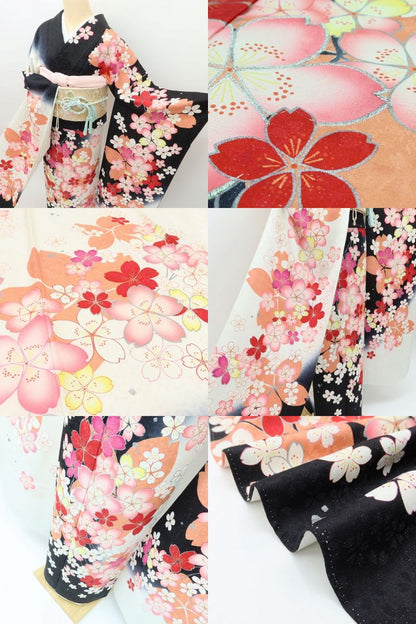 百華 Y5626 美品 銀通し 桜 着物 正絹 手縫い仕立て 成人式 振袖