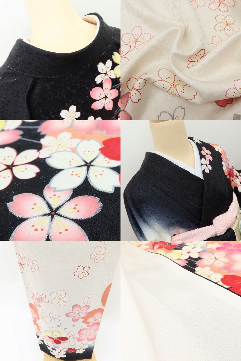 百華 Y5626 美品 銀通し 桜 着物 正絹 手縫い仕立て 成人式 振袖