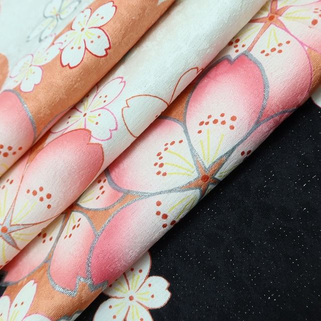 百華 Y5626 美品 銀通し 桜 着物 正絹 手縫い仕立て 成人式 振袖