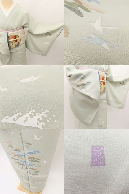 百華 Y5628 美品 手描き友禅 作家物落款 松 鳥 波 着物 正絹 手縫い仕立て 訪問着　