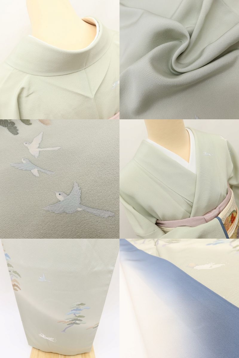 百華 Y5628 美品 手描き友禅 作家物落款 松 鳥 波 着物 正絹 手縫い仕立て 訪問着　