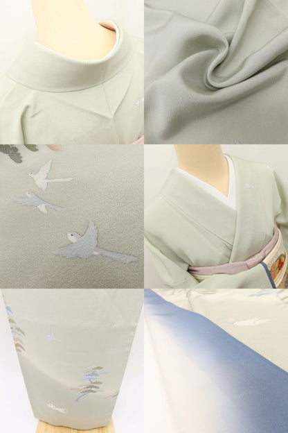百華 Y5628 美品 手描き友禅 作家物落款 松 鳥 波 着物 正絹 手縫い仕立て 訪問着　