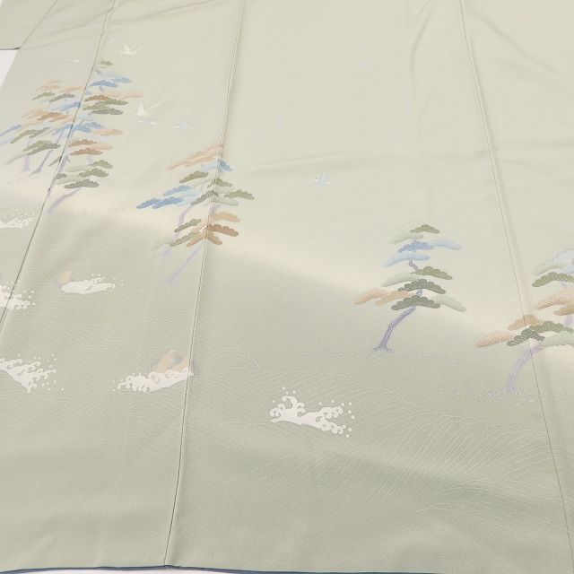 百華 Y5628 美品 手描き友禅 作家物落款 松 鳥 波 着物 正絹 手縫い仕立て 訪問着　