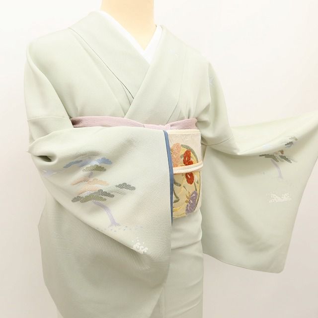 百華 Y5628 美品 手描き友禅 作家物落款 松 鳥 波 着物 正絹 手縫い仕立て 訪問着　