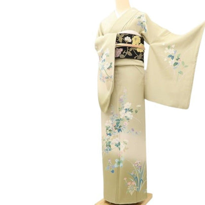 百華 Y5629 美品 手描き友禅 牡丹 桔梗 菖蒲 着物 正絹 手縫い仕立て 訪問着