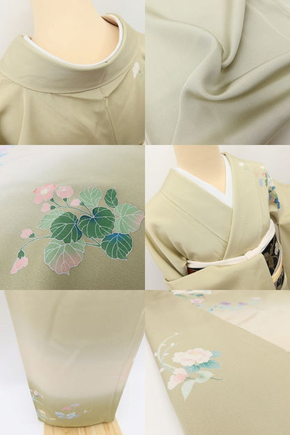 百華 Y5629 美品 手描き友禅 牡丹 桔梗 菖蒲 着物 正絹 手縫い仕立て 訪問着