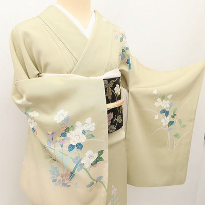 百華 Y5629 美品 手描き友禅 牡丹 桔梗 菖蒲 着物 正絹 手縫い仕立て 訪問着