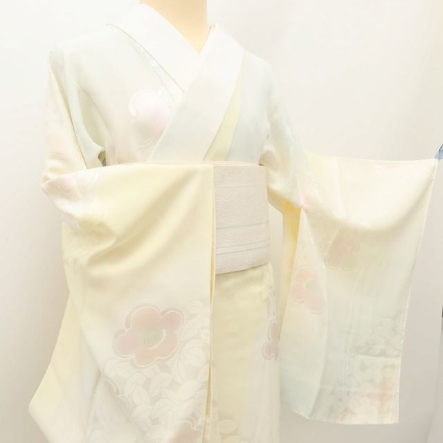 百華Y5630 新品 仕付け糸付 作家物落款 椿 半襟付 袖無双 着物 正絹 手縫い仕立て 長襦袢