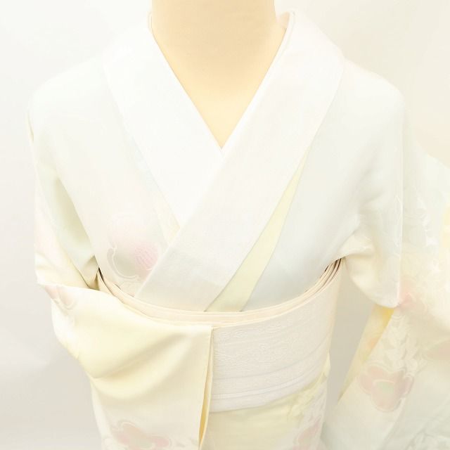 百華Y5630 新品 仕付け糸付 作家物落款 椿 半襟付 袖無双 着物 正絹 手縫い仕立て 長襦袢