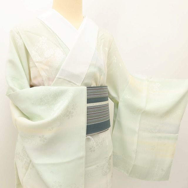 百華Y5631 美品 広衿 単衣 正絹 桜 菊 観世水 居敷当て付 手縫い仕立て 袖無双 手縫い仕立て 長襦袢