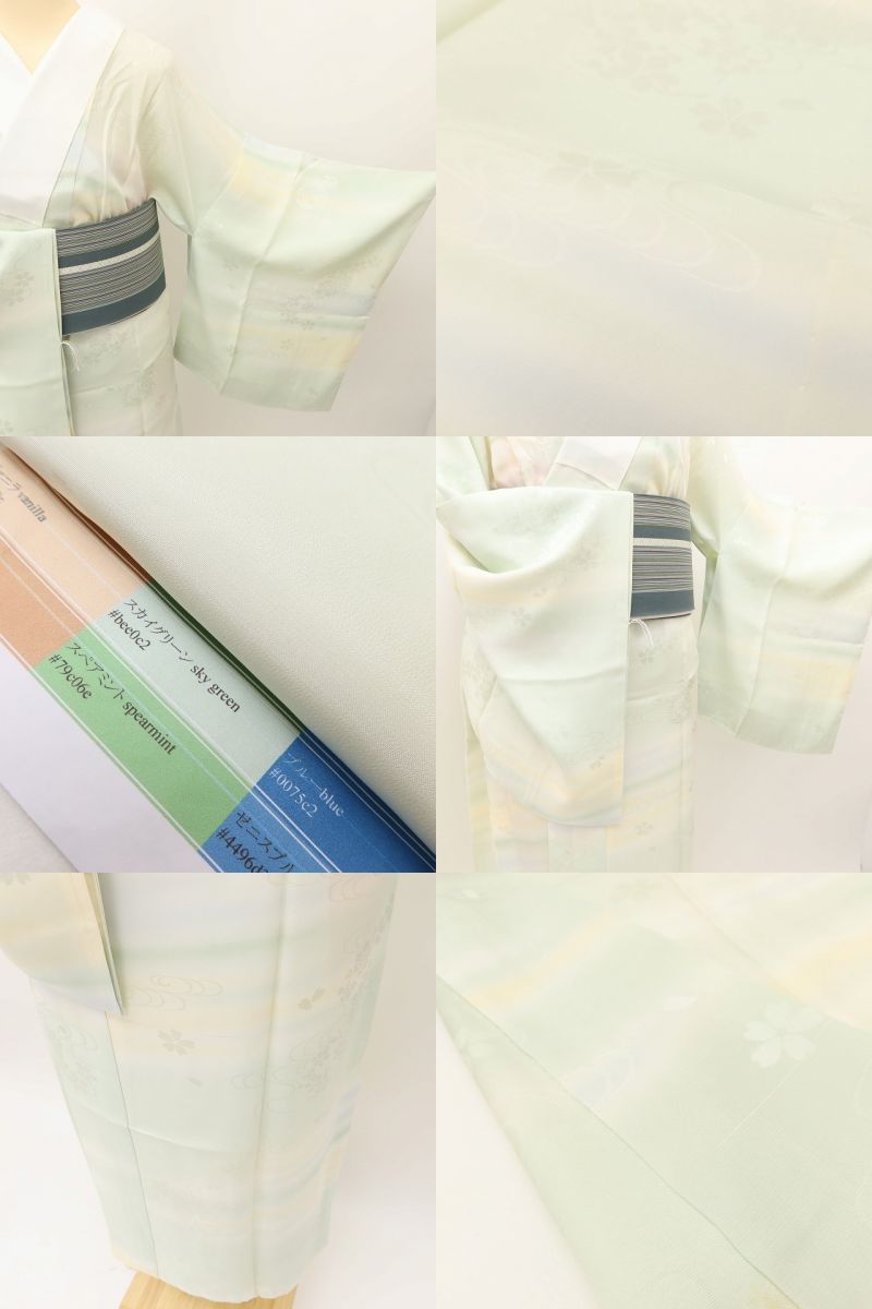 百華Y5631 美品 広衿 単衣 正絹 桜 菊 観世水 居敷当て付 手縫い仕立て 袖無双 手縫い仕立て 長襦袢
