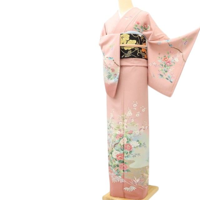 百華Y5633 美品 さが美謹製 手描き友禅 茂樹落款 牡丹 着物 正絹 手縫い仕立て 訪問着