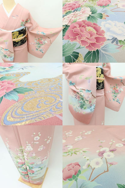 百華Y5633 美品 さが美謹製 手描き友禅 茂樹落款 牡丹 着物 正絹 手縫い仕立て 訪問着