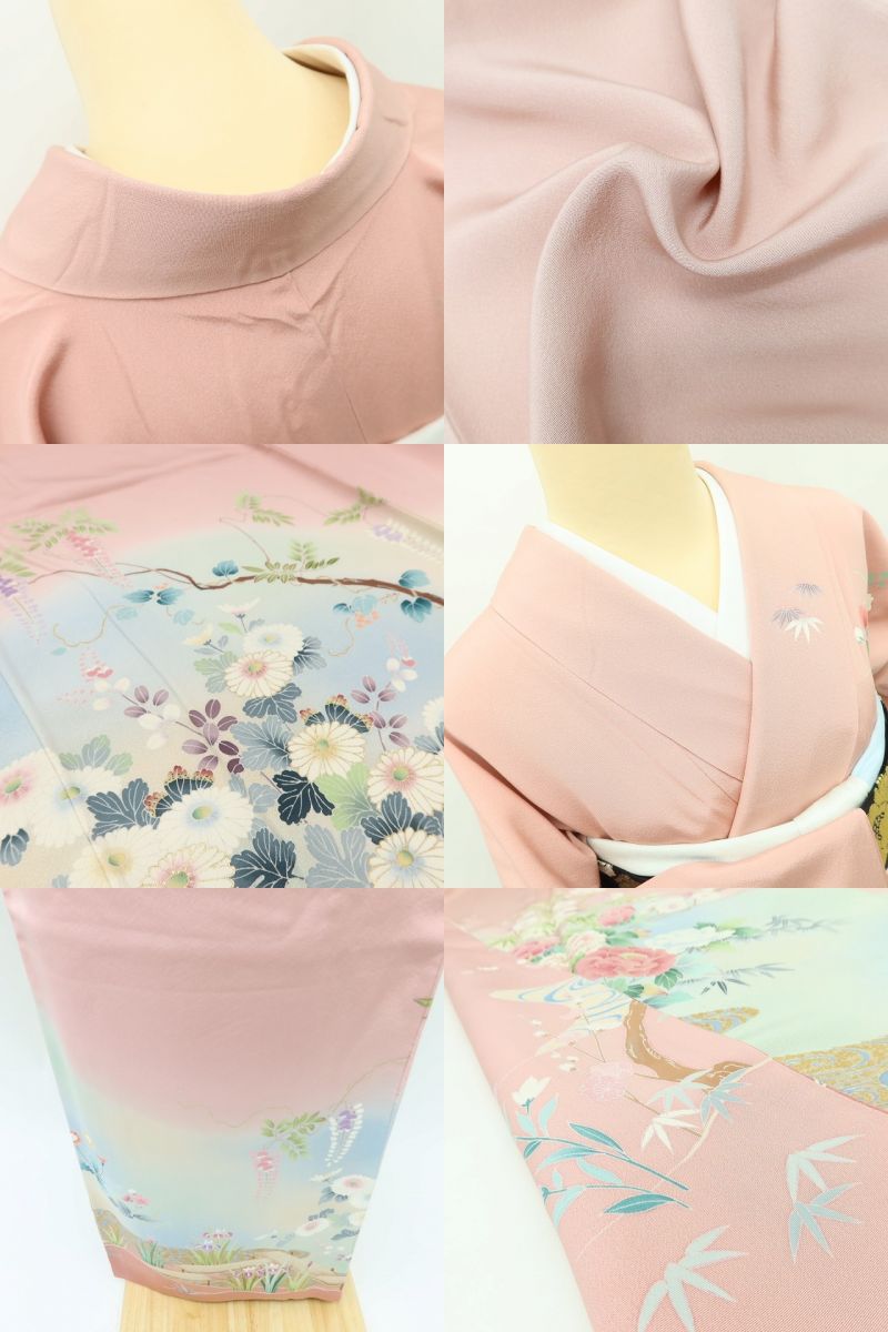 百華Y5633 美品 さが美謹製 手描き友禅 茂樹落款 牡丹 着物 正絹 手縫い仕立て 訪問着