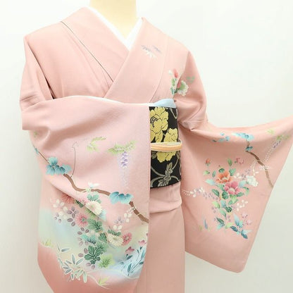 百華Y5633 美品 さが美謹製 手描き友禅 茂樹落款 牡丹 着物 正絹 手縫い仕立て 訪問着