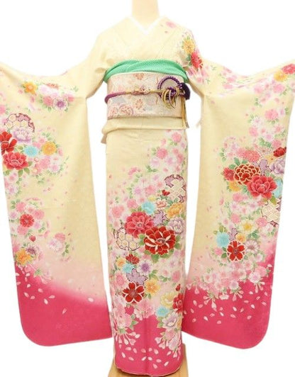 百華Y5637 新品 仕付け糸付 牡丹 桜 雪輪 トールサイズ 着物 正絹 成人式 振袖