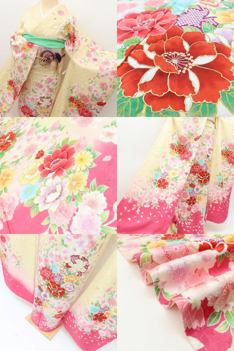 百華Y5637 新品 仕付け糸付 牡丹 桜 雪輪 トールサイズ 着物 正絹 成人式 振袖