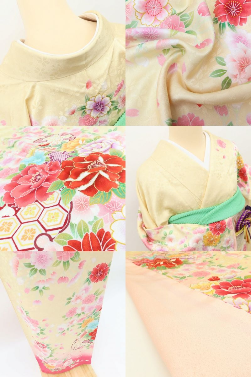 百華Y5637 新品 仕付け糸付 牡丹 桜 雪輪 トールサイズ 着物 正絹 成人式 振袖