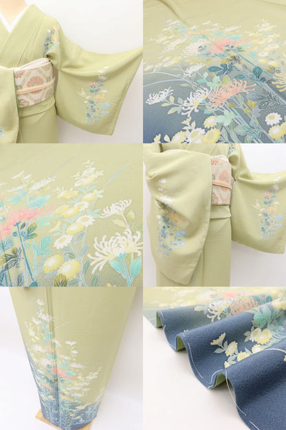 百華Y5648 新品 手描き友禅 仕付け糸付 菊 桔梗 トールサイズ 着物 正絹 手縫い仕立て 訪問着