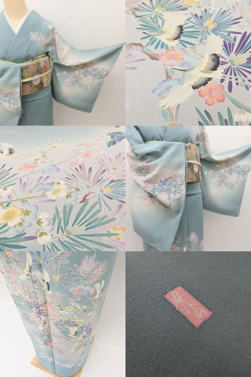 百華Y5650 新品 手描き友禅 仕付け糸付 作家物落款 鶴 松 梅 着物 正絹 手縫い仕立て 訪問着