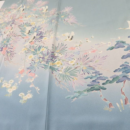 百華Y5650 新品 手描き友禅 仕付け糸付 作家物落款 鶴 松 梅 着物 正絹 手縫い仕立て 訪問着