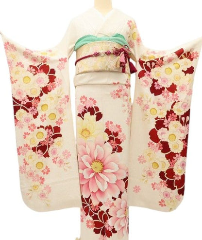 百華Y5666 美品 トールサイズ 着物 正絹 桜 手縫い仕立て 成人式 振袖