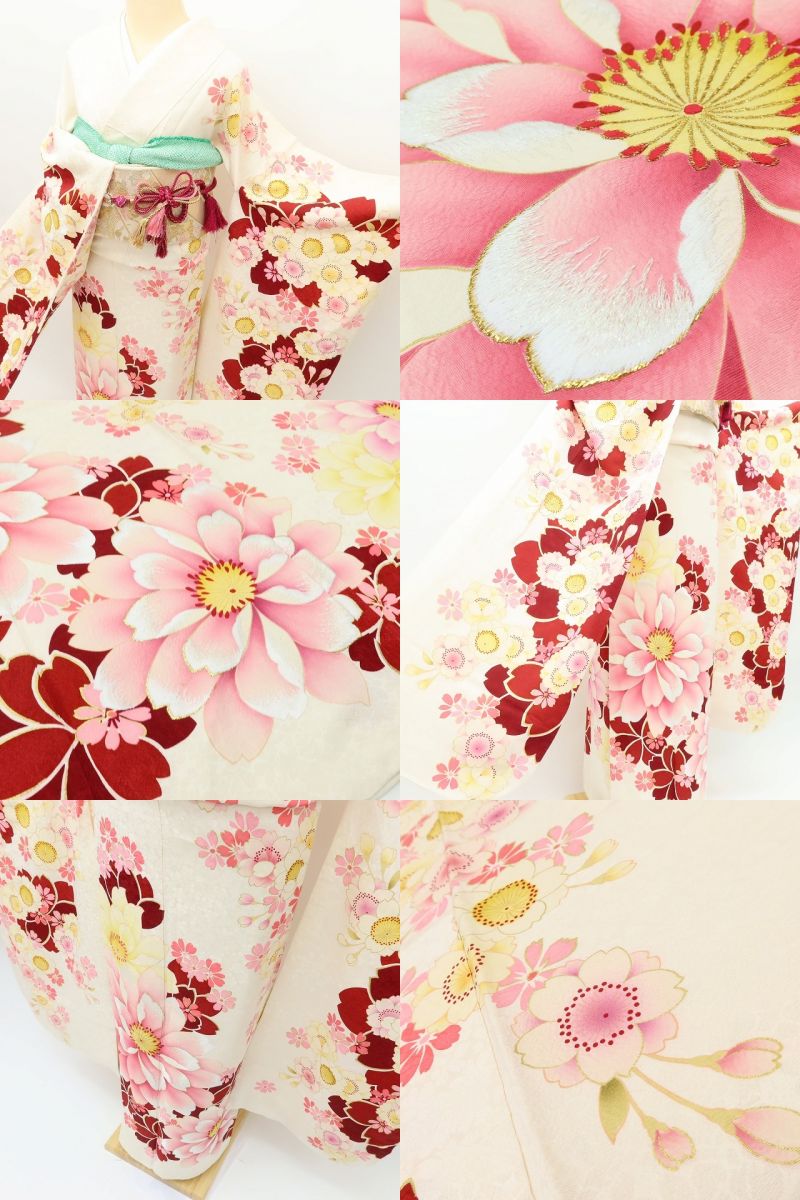 百華Y5666 美品 トールサイズ 着物 正絹 桜 手縫い仕立て 成人式 振袖