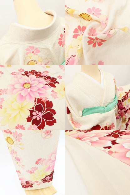 百華Y5666 美品 トールサイズ 着物 正絹 桜 手縫い仕立て 成人式 振袖