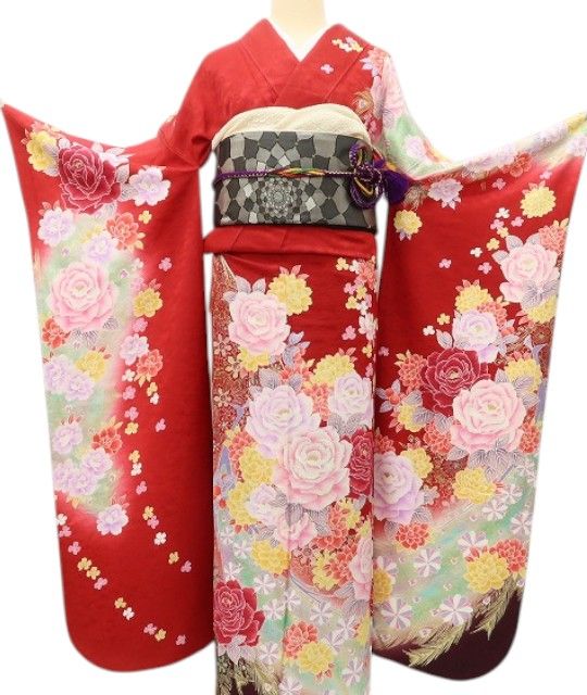 百華Y5667 美品 振袖・長襦袢２点セット 薔薇 孔雀 着物 正絹 成人式　