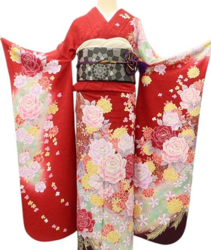 百華Y5667 美品 振袖・長襦袢２点セット 薔薇 孔雀 着物 正絹 成人式　