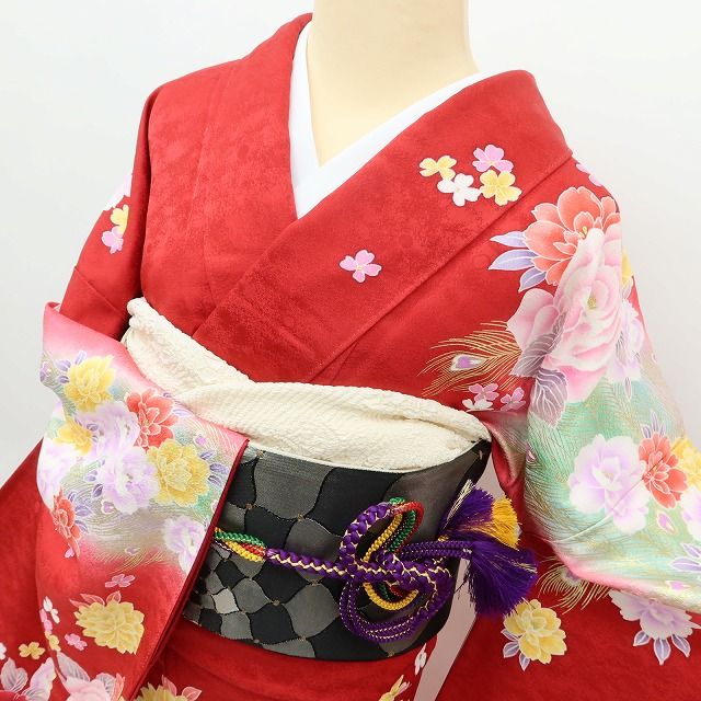 百華Y5667 美品 振袖・長襦袢２点セット 薔薇 孔雀 着物 正絹 成人式　