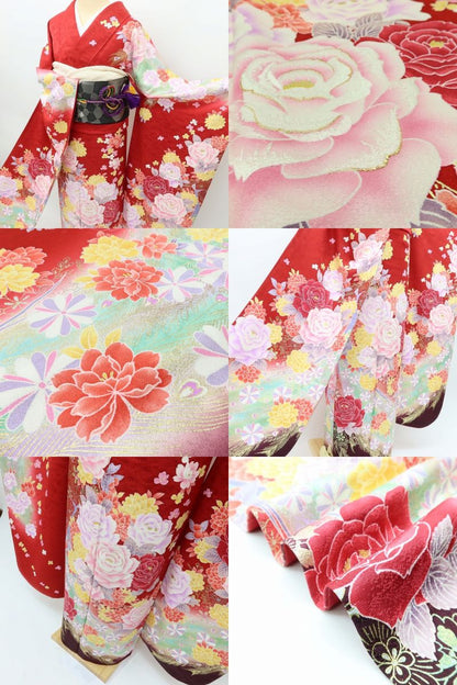 百華Y5667 美品 振袖・長襦袢２点セット 薔薇 孔雀 着物 正絹 成人式　
