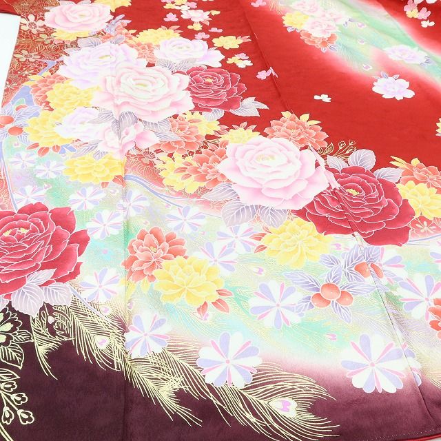 百華Y5667 美品 振袖・長襦袢２点セット 薔薇 孔雀 着物 正絹 成人式　