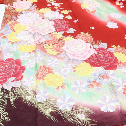 百華Y5667 美品 振袖・長襦袢２点セット 薔薇 孔雀 着物 正絹 成人式　