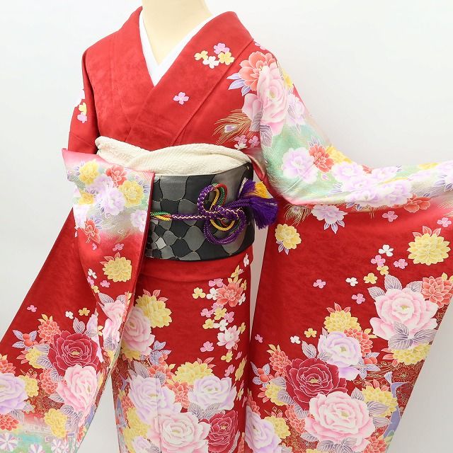 百華Y5667 美品 振袖・長襦袢２点セット 薔薇 孔雀 着物 正絹 成人式　
