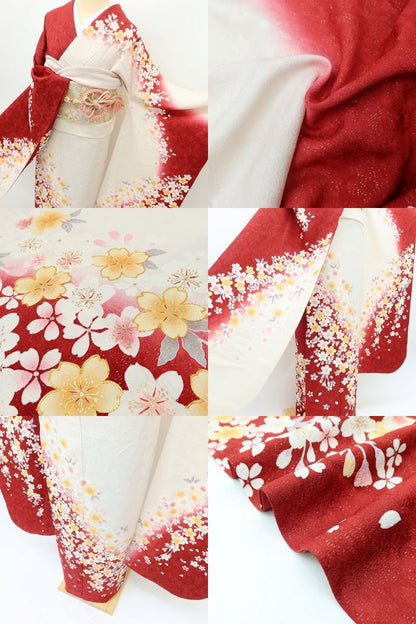 百華Y5668 美品 トールサイズ 銀通し 金駒刺繡 桜 着物 正絹 手縫い仕立て 成人式 振袖