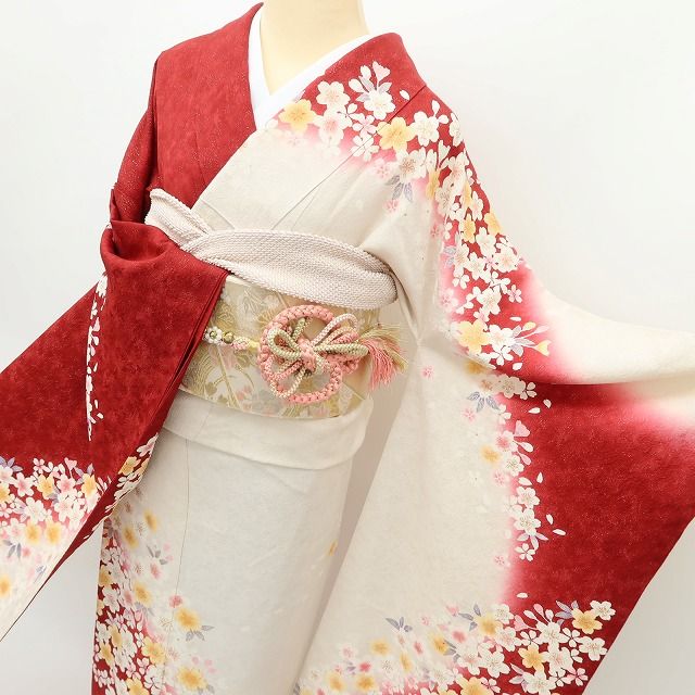 百華Y5668 美品 トールサイズ 銀通し 金駒刺繡 桜 着物 正絹 手縫い仕立て 成人式 振袖